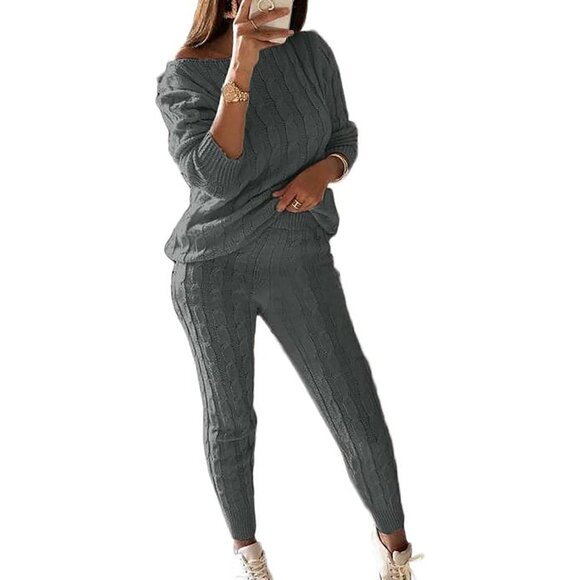 Cozy & Chic Women's Cable Knit 2-Piece Set: Off-Shoulder Sweater & Long Pants - Picture 1 of 6